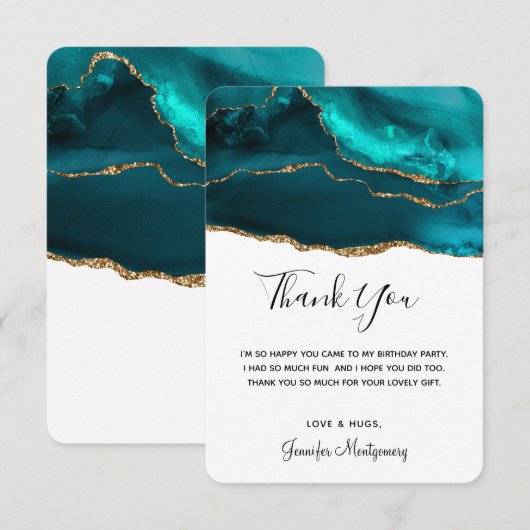 Moderne stijlvolle Blauwgroen gouden & witte agaat Bedankkaart (Voorkant / Achterkant)