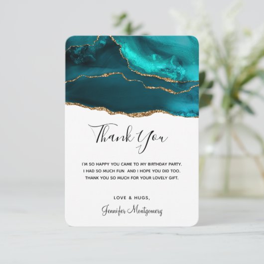 Moderne stijlvolle Blauwgroen gouden & witte agaat Bedankkaart (Staand voorkant)