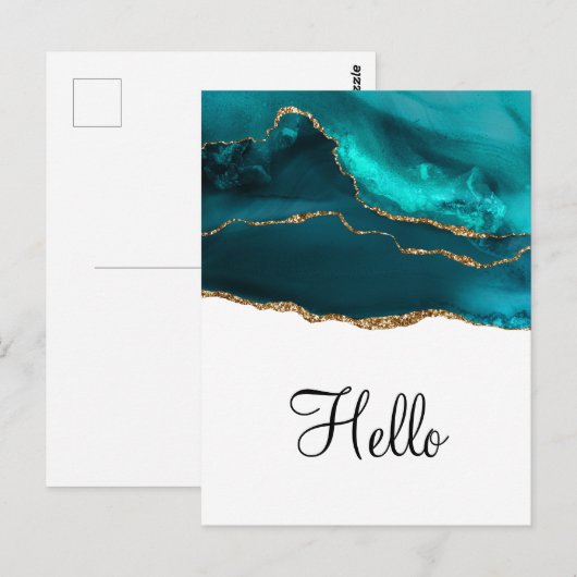 Moderne stijlvolle Blauwgroen Hallo Gold & White A Briefkaart (Voorkant / Achterkant)