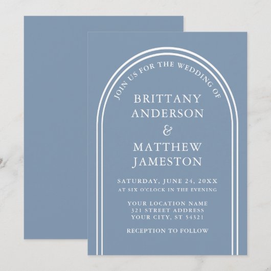 Moderne Stijlvolle Boog Bruiloft Stofblauw Kaart (Voorkant / Achterkant)