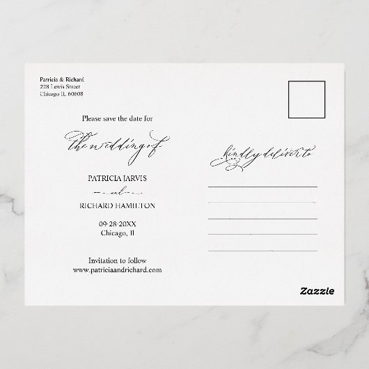 Moderne , stijlvolle bruiloft bespaart de datum fo folie feestdagen briefkaart (Achterkant)