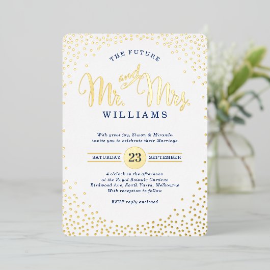 MODERNE STIJLVOLLE BRUILOFT mini confetti gouden m Folie Uitnodiging (Staand Voorkant)