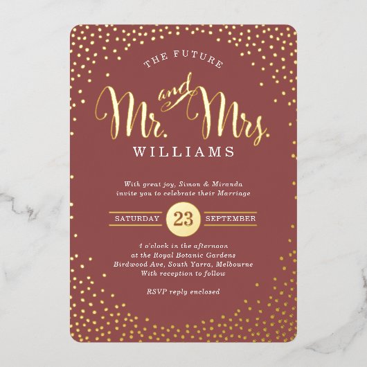 MODERNE STIJLVOLLE BRUILOFT mini confetti marsala  Folie Uitnodiging (Voorkant)