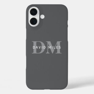 Moderne stijlvolle donkergrijze monogram en naam iPhone 16 plus hoesje