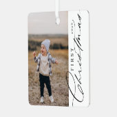 Moderne stijlvolle eerste kerstscript familie foto metalen ornament (Voorkant links)