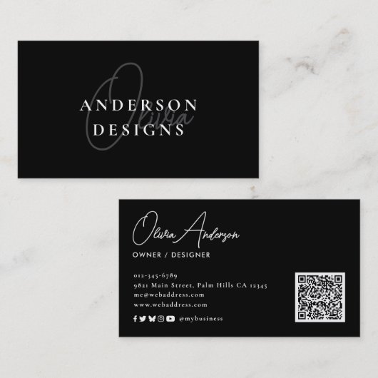 Moderne Stijlvolle Elegante Script QR Code Sociale Visitekaartje (Voorkant / Achterkant)