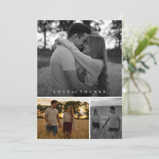 Moderne stijlvolle foto collage bruiloft bedankkaart (Staand voorkant)