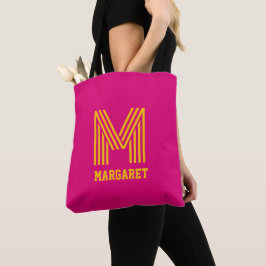 Moderne stijlvolle fuchsia & gele monogram naam bo tote bag