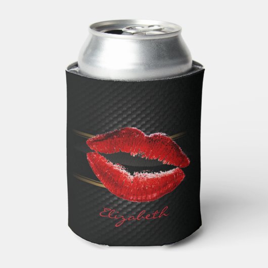 Moderne stijlvolle glitters rode lippen, zwart-per blikjeskoeler (Blikje Voorkant)