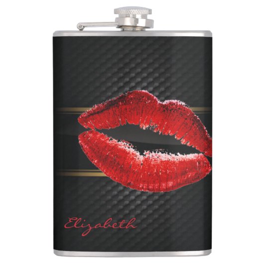 Moderne stijlvolle glitters rode lippen, zwart-per heupfles (Voorkant)