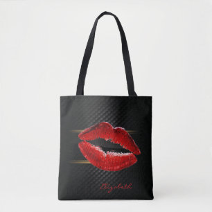 Moderne stijlvolle glitters rode lippen, zwart-per tote bag