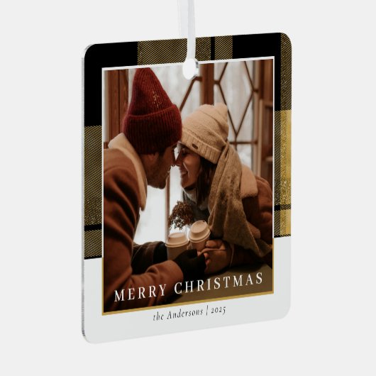 Moderne Stijlvolle Goud Geplaagd Kerstpaar Foto Metalen Ornament (Voorkant Rechts)