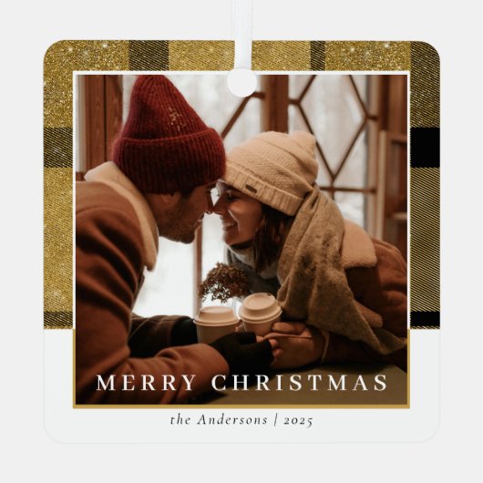 Moderne Stijlvolle Goud Geplaagd Kerstpaar Foto Metalen Ornament (Achterkant)