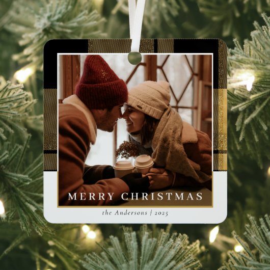 Moderne Stijlvolle Goud Geplaagd Kerstpaar Foto Metalen Ornament (Insitu)