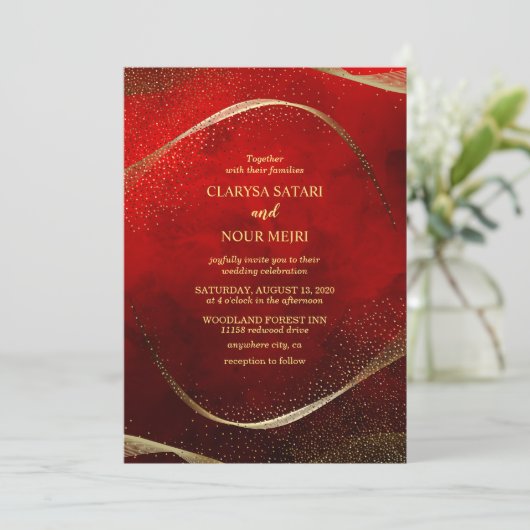 Moderne, stijlvolle gouden en rode uitnodiging (Staand voorkant)