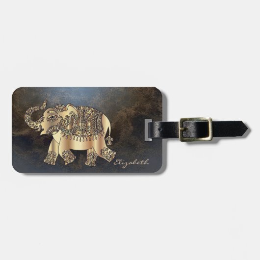 Moderne, stijlvolle gouden olifant, lederen textie bagagelabel (Voorkant horizontaal)