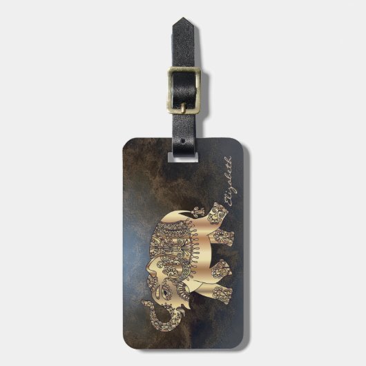 Moderne, stijlvolle gouden olifant, lederen textie bagagelabel (Voorkant verticaal)