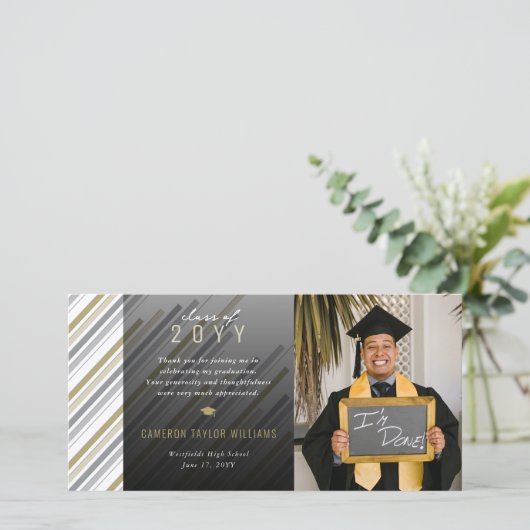 Moderne, stijlvolle gouden strips Foto Afstuderen Bedankkaart (Staand voorkant)