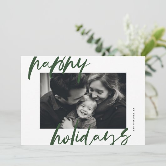 Moderne stijlvolle greens & witte foto blij feestdagenkaart (Staand voorkant)