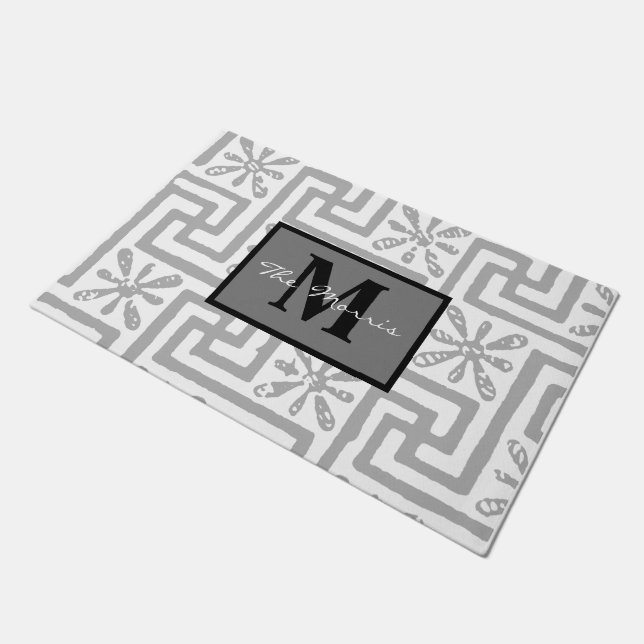 Moderne, stijlvolle, griekse sleutelmonogram grijs deurmat (Schuin)