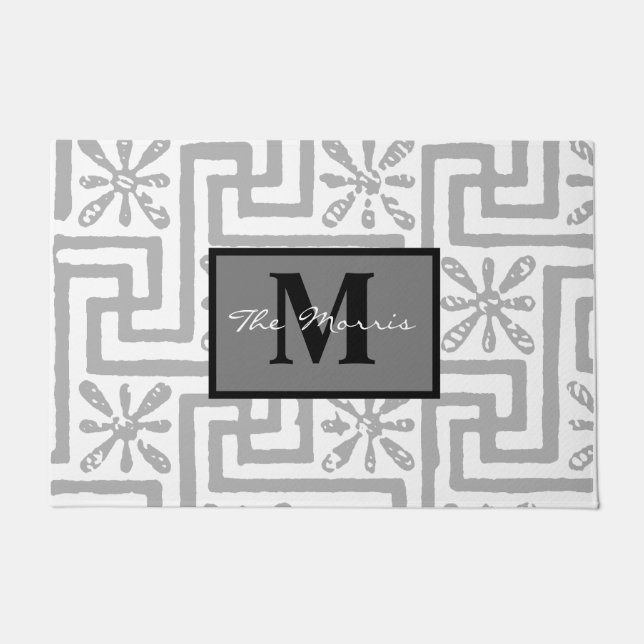 Moderne, stijlvolle, griekse sleutelmonogram grijs deurmat (Voorkant)