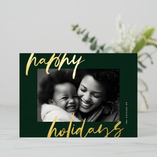 Moderne stijlvolle groen & goud foto Happy Folie Feestdagenkaart (Staand Voorkant)