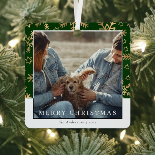 Moderne Stijlvolle Groen Goud Kerstpaar Foto Metalen Ornament (Insitu)