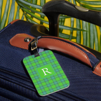 Moderne stijlvolle groene & blauwe geruite tartan  bagagelabel