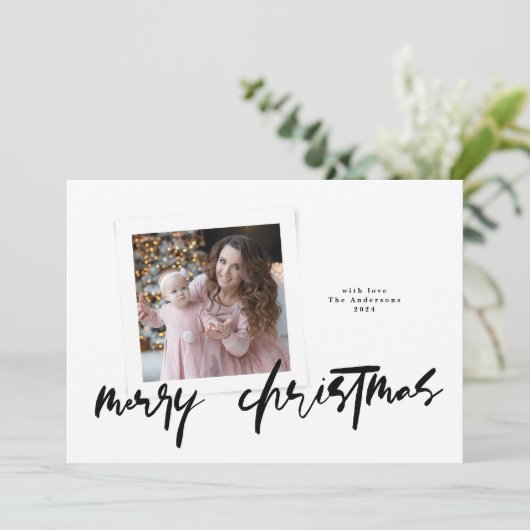 Moderne stijlvolle handgeschreven vrolijke kerstfo feestdagenkaart (Staand voorkant)