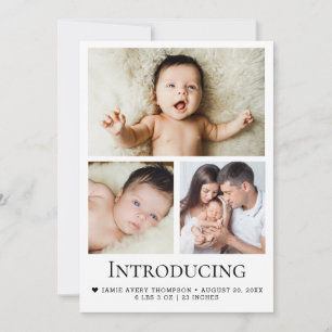 Moderne stijlvolle introductie baby drie foto's bedankkaart