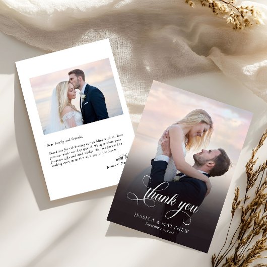 Moderne stijlvolle kalligrafie script foto bruilof bedankkaart