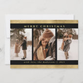 Moderne Stijlvolle Kerst Zwart & Faux Gouden Foto Feestdagenkaart (Voorkant)
