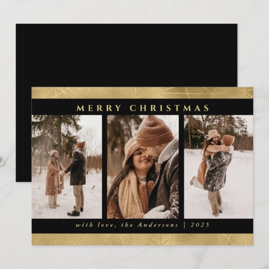 Moderne Stijlvolle Kerst Zwart & Faux Gouden Foto Feestdagenkaart (Voorkant / Achterkant)