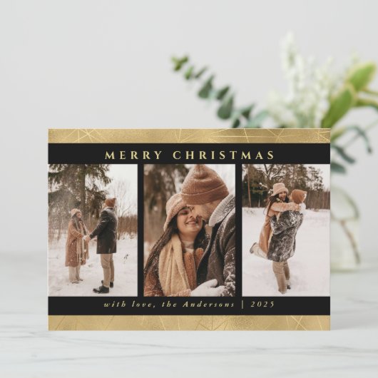 Moderne Stijlvolle Kerst Zwart & Faux Gouden Foto Feestdagenkaart (Staand voorkant)