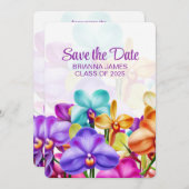 Moderne stijlvolle kleurrijke orchideeën Afstudere Save The Date (Voorkant / Achterkant)