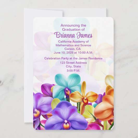 Moderne stijlvolle kleurrijke orchideeën Afstudere Save The Date (Achterkant)