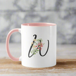 Moderne Stijlvolle letter W Zwart Script Bloemen Mok