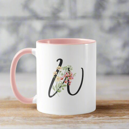 Moderne Stijlvolle letter W Zwart Script Bloemen Mok