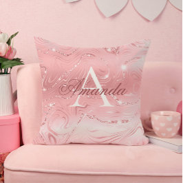 Moderne stijlvolle meisjesroze Glitter Monogram Na Kussen