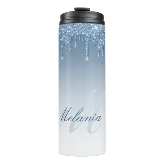 Moderne stijlvolle monogram blauwe glitters thermosbeker (Voorkant)