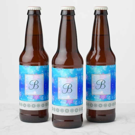 Moderne stijlvolle monogram patronen | Sneeuwfeest Bier Etiket (Flessen)