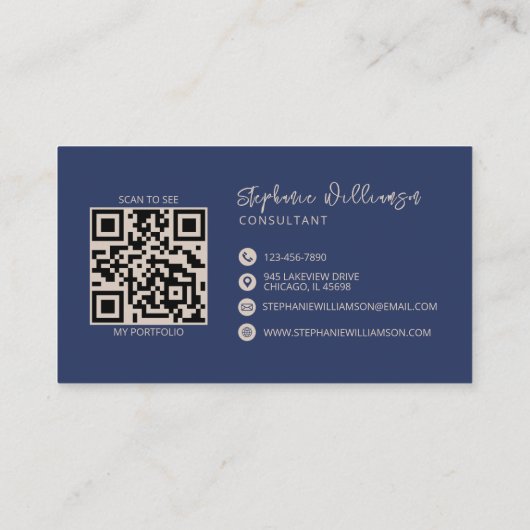 Moderne Stijlvolle Monogram QR Code Minimale Marin Visitekaartje (Achterkant)