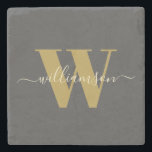 Moderne, stijlvolle monogrammen, zwart goud stenen onderzetter<br><div class="desc">Aangepaste,  moderne,  stijlvolle monogramnaam in zwart en goudzwart Onderzetter</div>