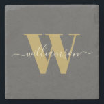 Moderne, stijlvolle monogrammen, zwart goud stenen onderzetter<br><div class="desc">Aangepaste,  moderne,  stijlvolle monogramnaam in zwart en goudzwart Onderzetter</div>