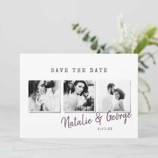 Moderne, stijlvolle multi-fotobruiloft save the date (Staand voorkant)