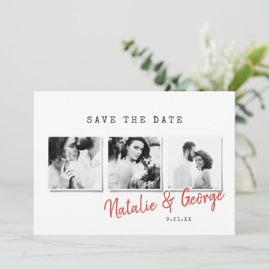 Moderne, stijlvolle multi-fotobruiloft save the date (Staand voorkant)