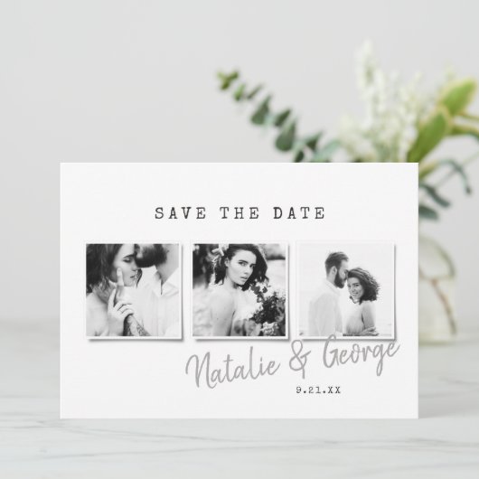 Moderne, stijlvolle multi-fotobruiloft save the date (Staand voorkant)