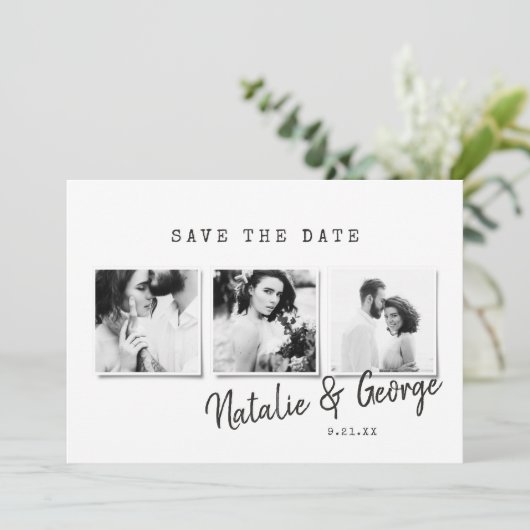 Moderne, stijlvolle multi-fotobruiloft save the date (Staand voorkant)