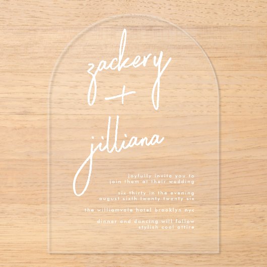 Moderne Stijlvolle NAMEN Witte bruiloft Acryl Uitnodigingen (Voorkant)