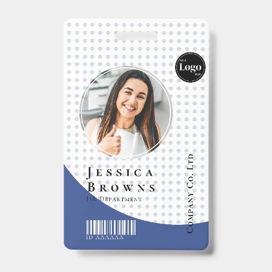 Moderne stijlvolle personeelsfoto barcode diepblau badge (Voorzijde)